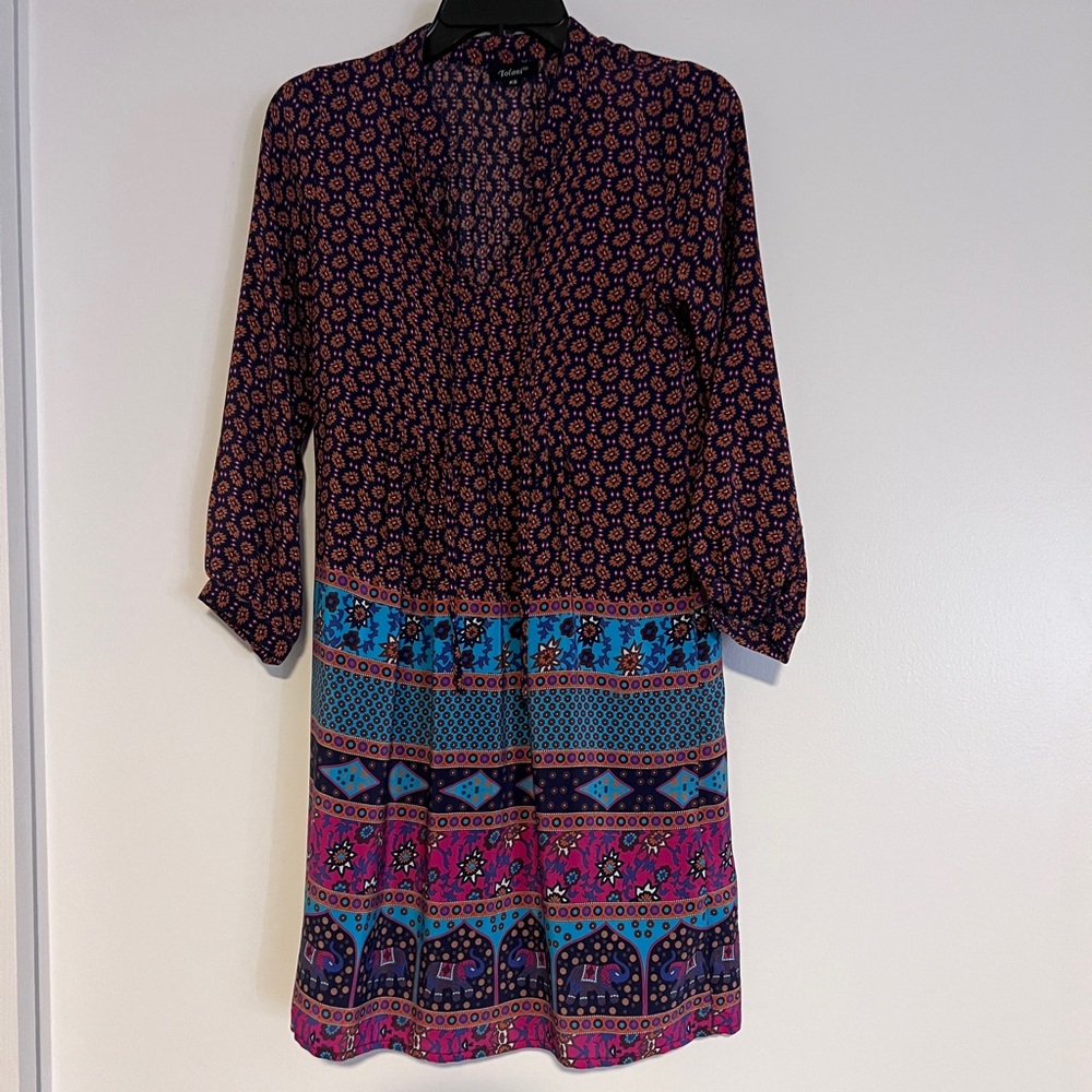 Tolani Silk Blue and Pink Patterned Dress GUC
